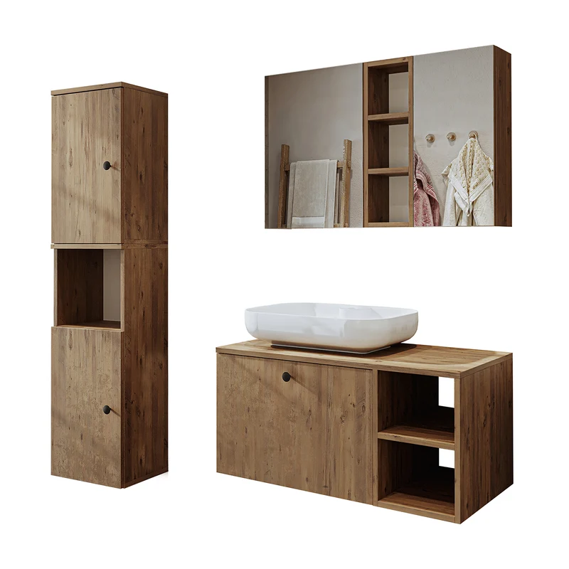 Roomart 4-delige badkamermeubelset LOTUS, 95 cm, met ovale opbouwkom en hoge kast, in 3 kleuren