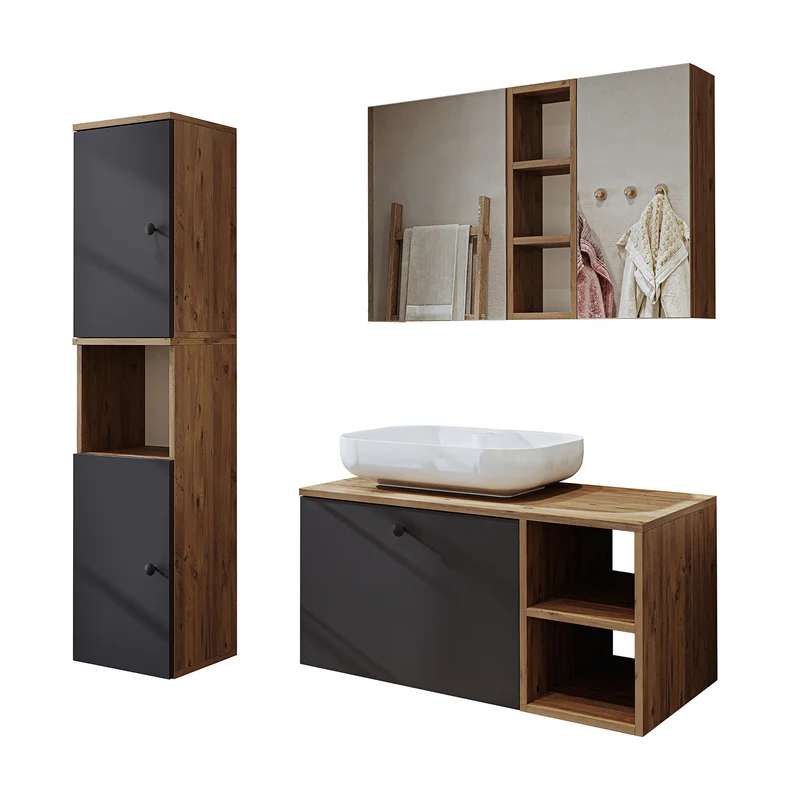 Roomart 4-delige badkamermeubelset LOTUS, 95 cm, met ovale opbouwkom en hoge kast, in 3 kleuren