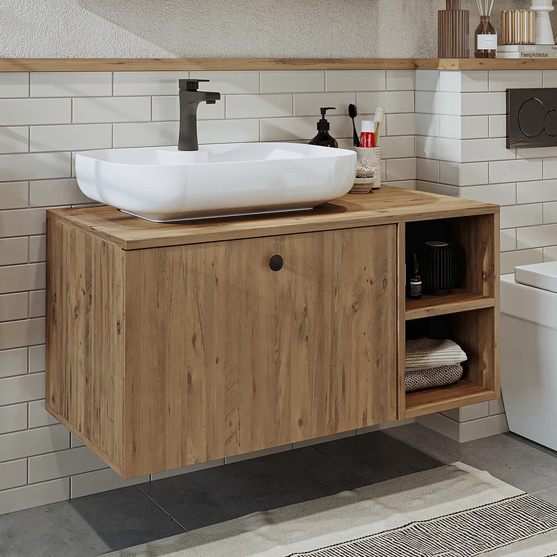 Roomart 4-delige badkamermeubelset LOTUS, 95 cm, met ovale opbouwkom en hoge kast, in 3 kleuren
