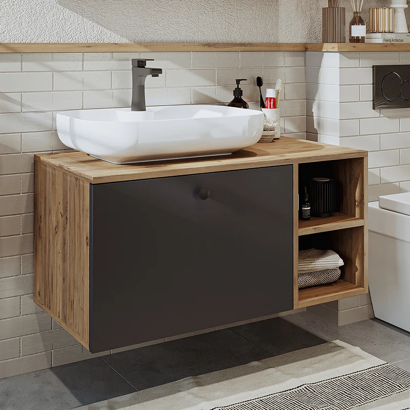 Roomart 4-delige badkamermeubelset LOTUS, 95 cm, met ovale opbouwkom en hoge kast, in 3 kleuren