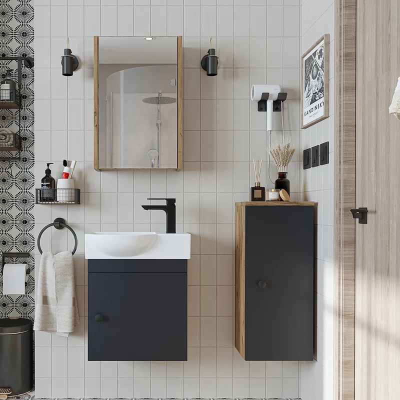 Roomart Badmöbel-Set PUNTO, 46 cm, schmales Gäste-WC-Set mit Spiegelschrank, in 4 Farben