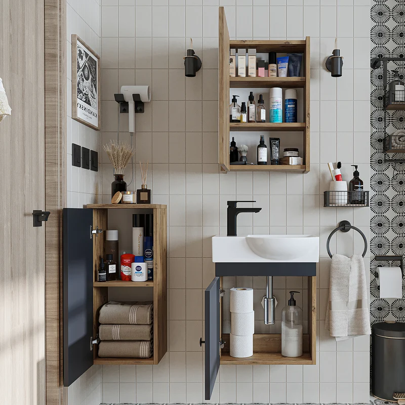 Roomart Badmöbel-Set PUNTO, 46 cm, schmales Gäste-WC-Set mit Spiegelschrank, in 4 Farben