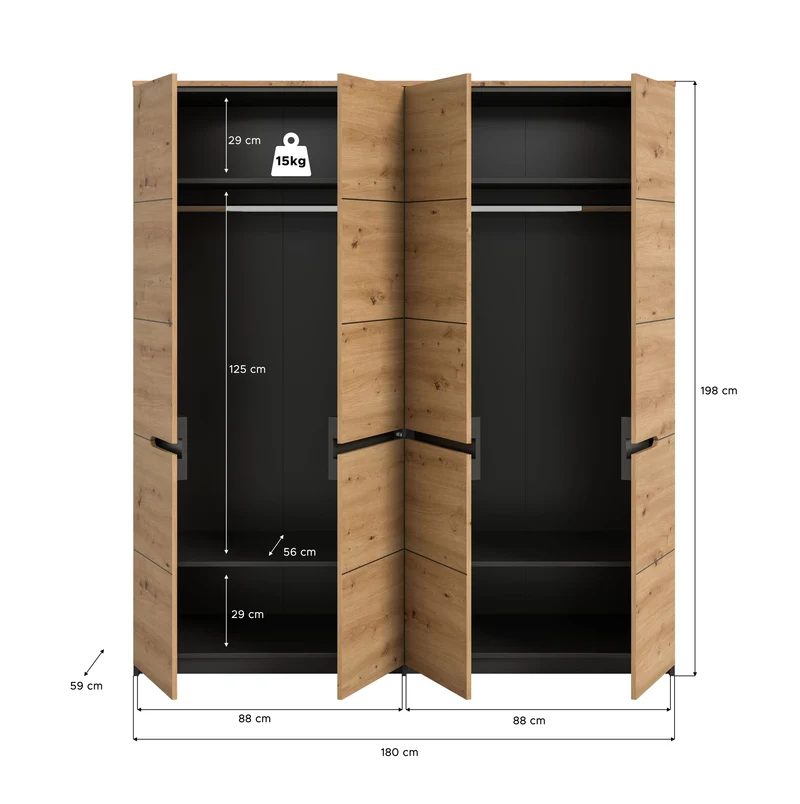 Homes & Jones Kleiderschrank 180 cm breit, Schlafzimmerschrank 4-türig