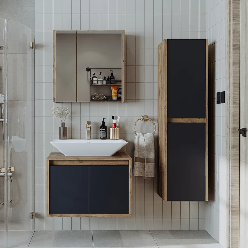 Roomart 4-delige badmeubelset ATLANTIC 65 cm, opzetwastafel en kolomkast, in 5 kleuren