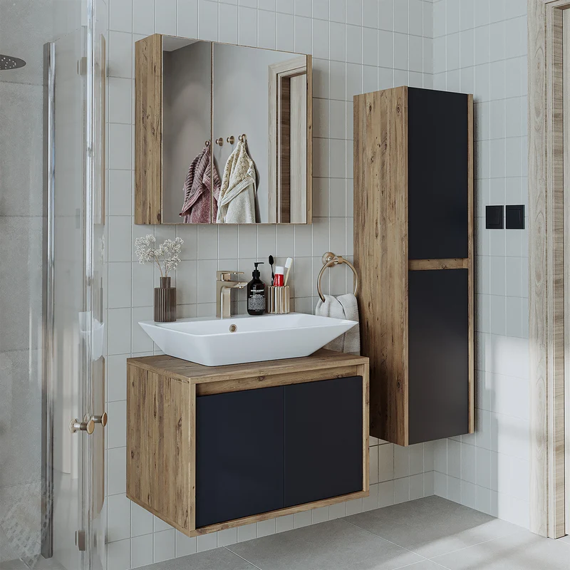 Roomart 4-delige badmeubelset ATLANTIC 65 cm, opzetwastafel en kolomkast, in 5 kleuren