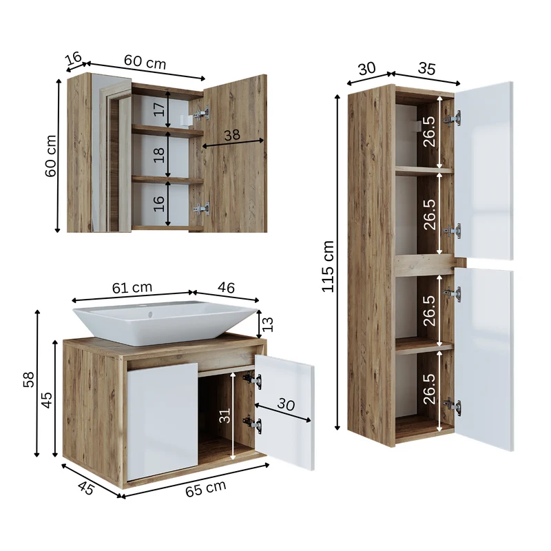 Roomart 4-delige badmeubelset ATLANTIC 65 cm, opzetwastafel en kolomkast, in 5 kleuren