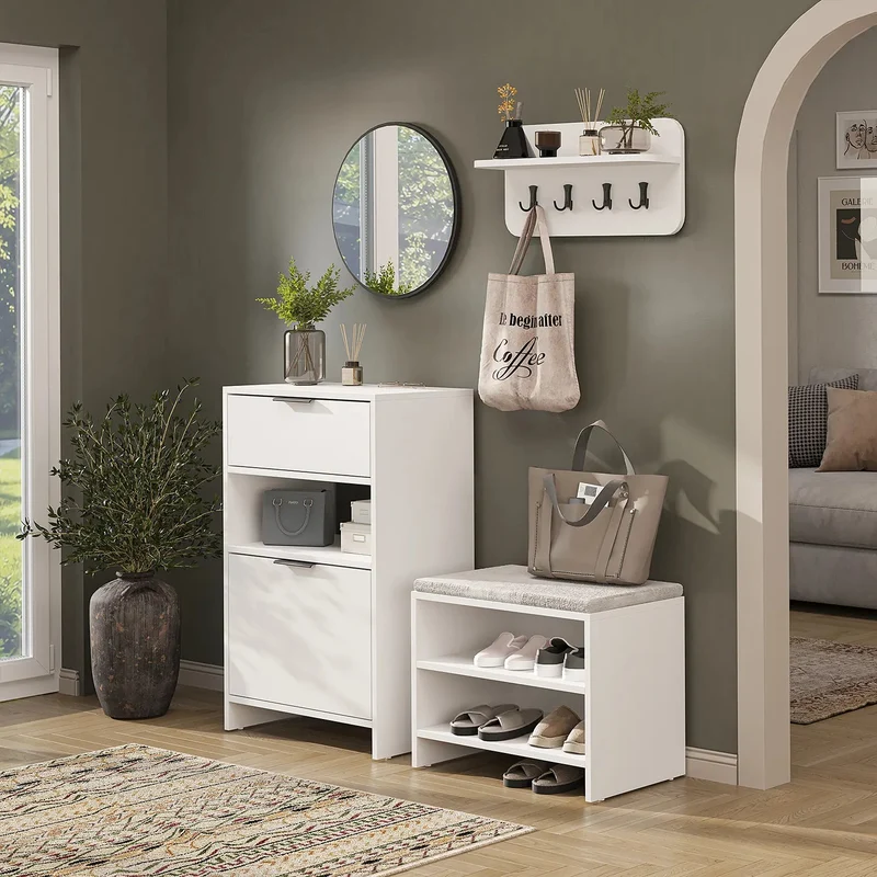 Roomart 4-delige garderobenset LENA, met schoenenkast, zitbank, wandgarderobe en ronde spiegel, in 2 kleuren