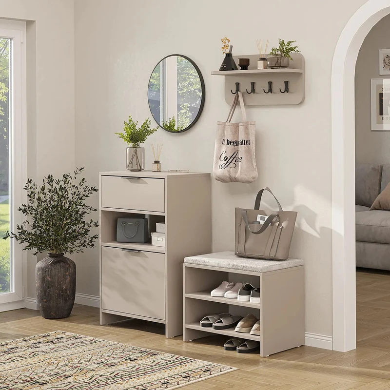 Roomart 4-delige garderobenset LENA, met schoenenkast, zitbank, wandgarderobe en ronde spiegel, in 2 kleuren