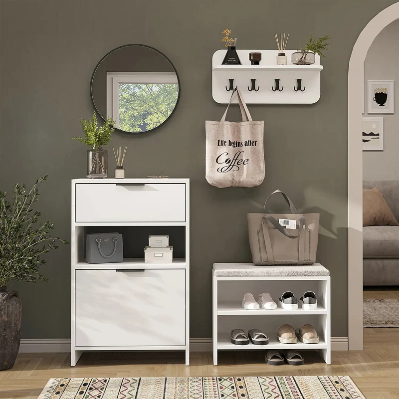 Roomart 4-delige garderobenset LENA, met schoenenkast, zitbank, wandgarderobe en ronde spiegel, in 2 kleuren