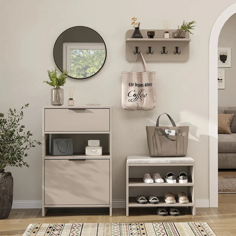 Roomart 4-delige garderobenset LENA, met schoenenkast, zitbank, wandgarderobe en ronde spiegel, in 2 kleuren