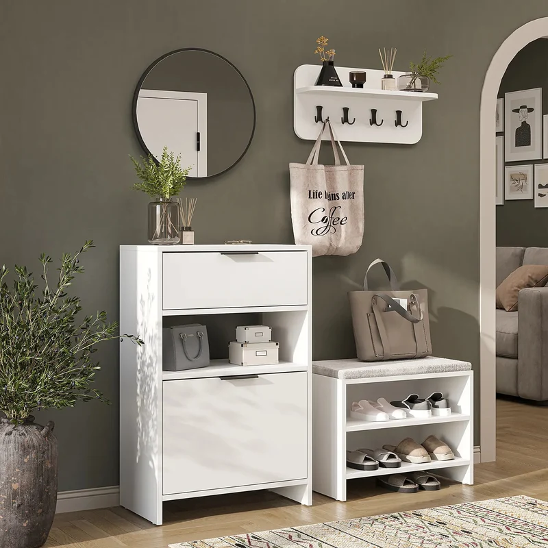 Roomart 4-delige garderobenset LENA, met schoenenkast, zitbank, wandgarderobe en ronde spiegel, in 2 kleuren