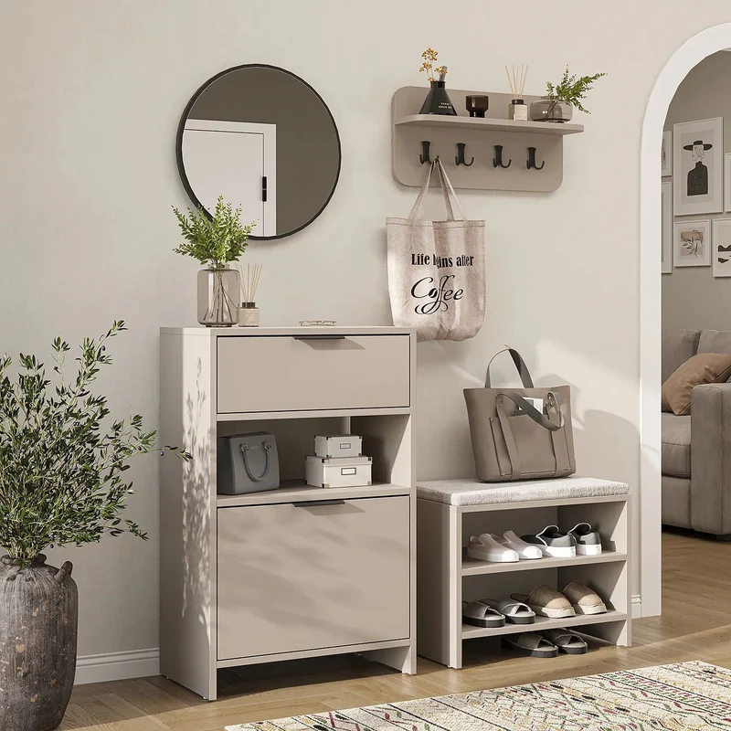 Roomart 4-delige garderobenset LENA, met schoenenkast, zitbank, wandgarderobe en ronde spiegel, in 2 kleuren