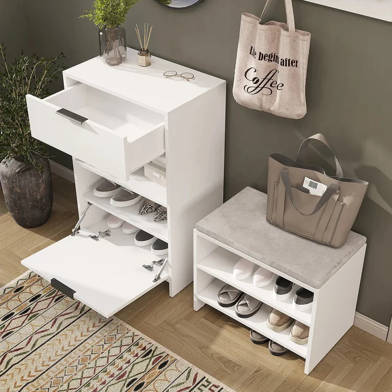 Roomart 4-delige garderobenset LENA, met schoenenkast, zitbank, wandgarderobe en ronde spiegel, in 2 kleuren