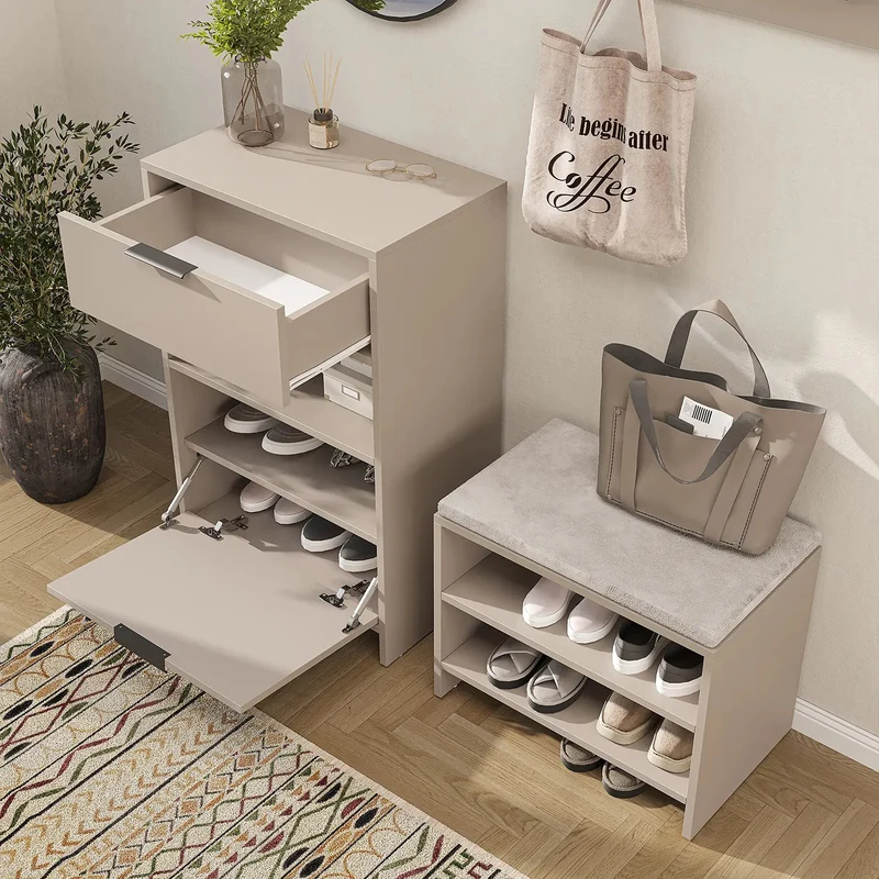 Roomart 4-delige garderobenset LENA, met schoenenkast, zitbank, wandgarderobe en ronde spiegel, in 2 kleuren