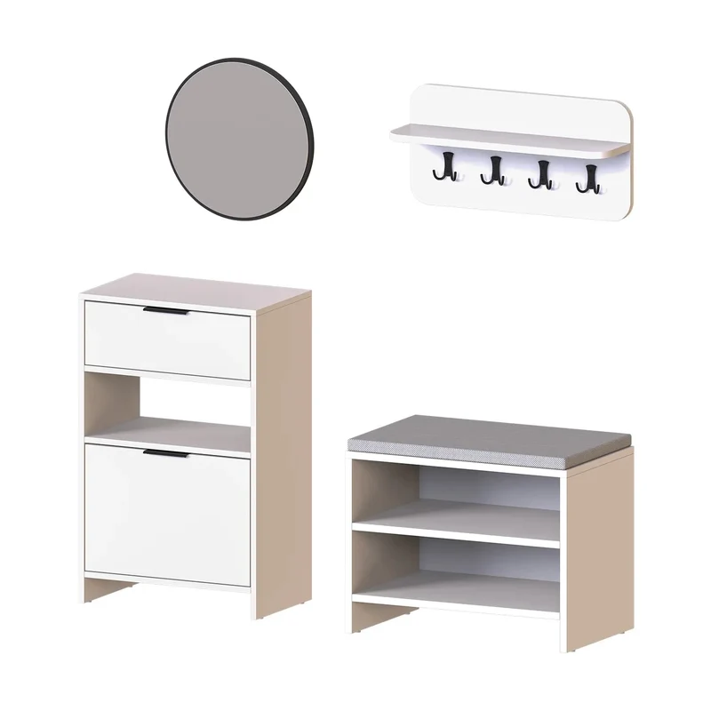 Roomart 4-delige garderobenset LENA, met schoenenkast, zitbank, wandgarderobe en ronde spiegel, in 2 kleuren