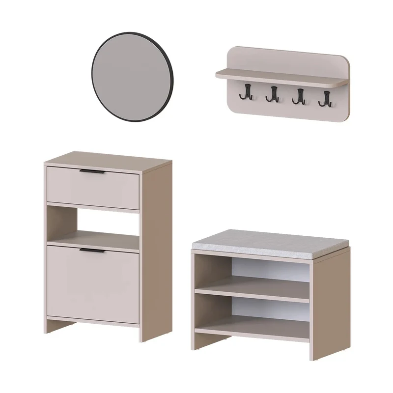 Roomart 4-delige garderobenset LENA, met schoenenkast, zitbank, wandgarderobe en ronde spiegel, in 2 kleuren