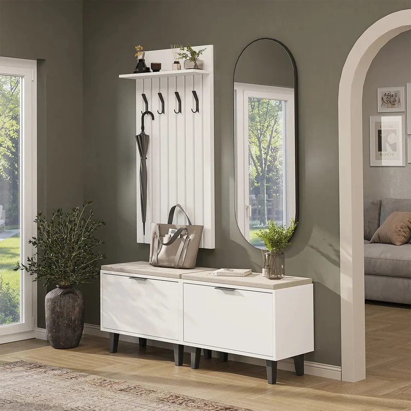 Roomart 4-delige garderobeset NORD, met 2 zitbanken met schoenenklep, garderobepaneel 130 cm en ovale spiegel, in 2 kleuren