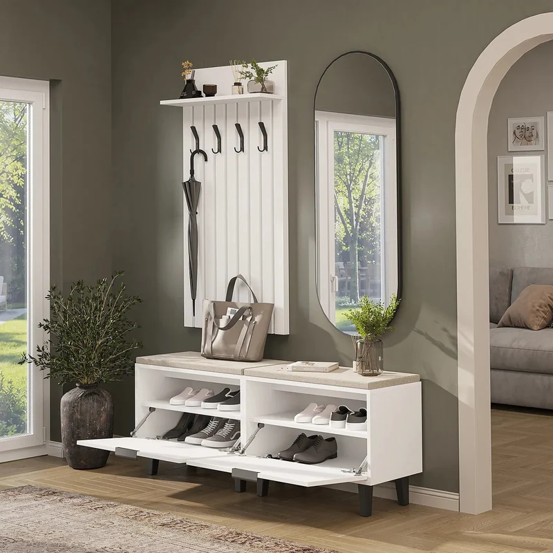 Roomart 4-delige garderobeset NORD, met 2 zitbanken met schoenenklep, garderobepaneel 130 cm en ovale spiegel, in 2 kleuren