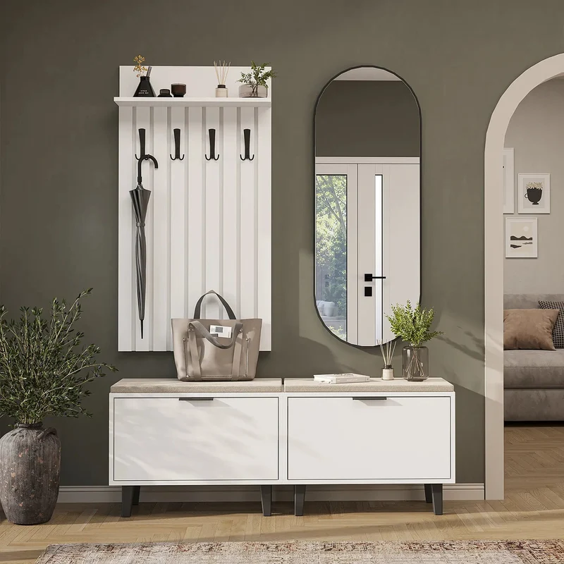 Roomart 4-delige garderobeset NORD, met 2 zitbanken met schoenenklep, garderobepaneel 130 cm en ovale spiegel, in 2 kleuren