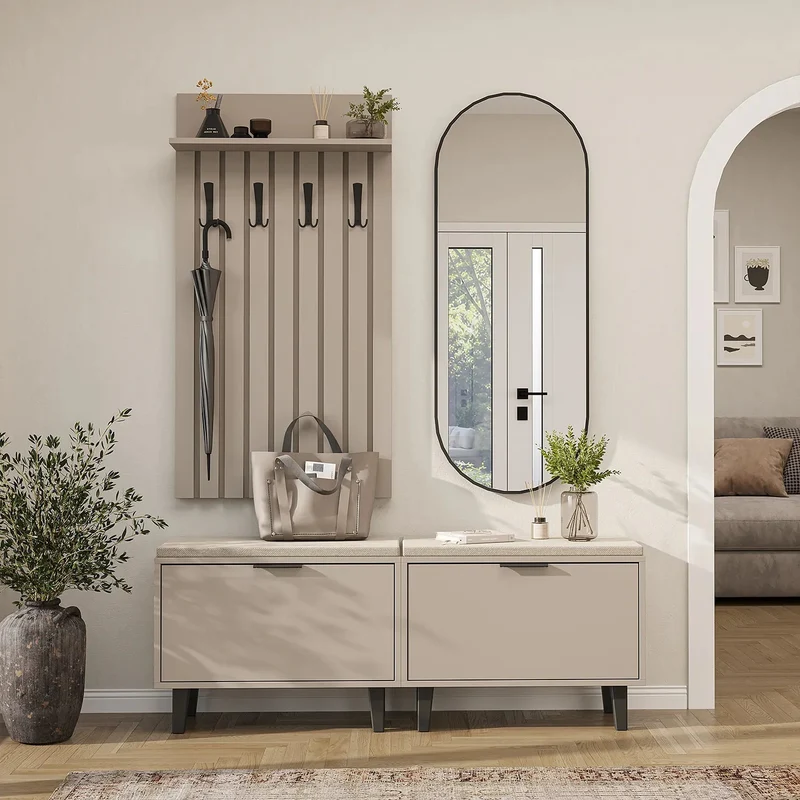 Roomart 4-delige garderobeset NORD, met 2 zitbanken met schoenenklep, garderobepaneel 130 cm en ovale spiegel, in 2 kleuren