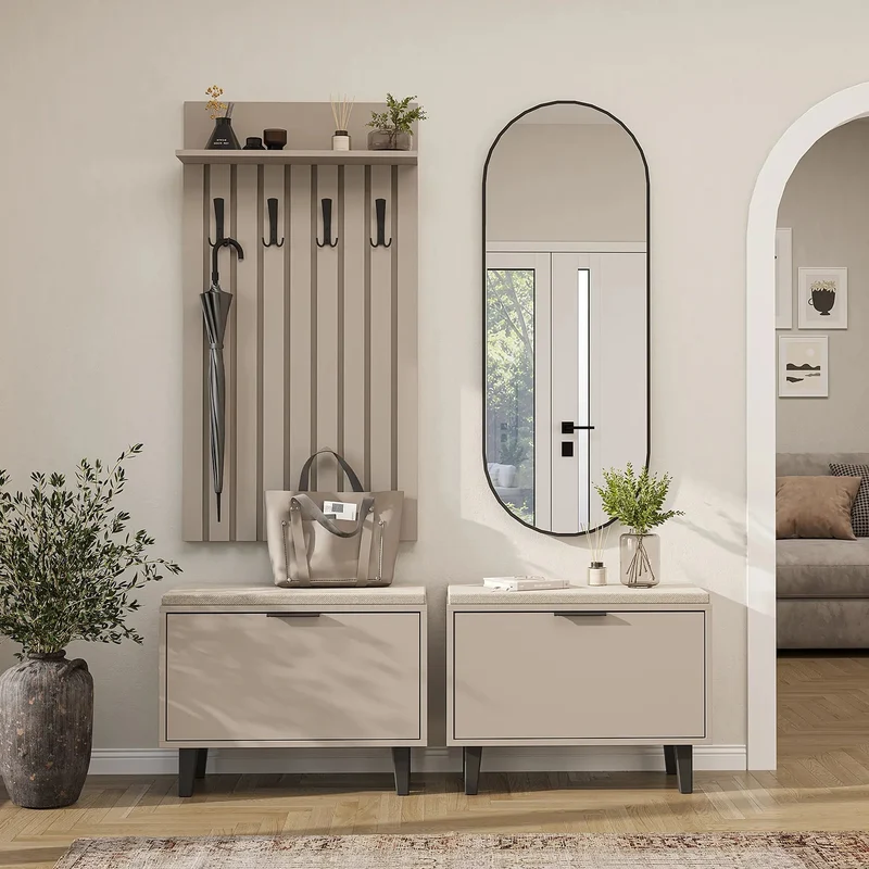 Roomart 4-delige garderobeset NORD, met 2 zitbanken met schoenenklep, garderobepaneel 130 cm en ovale spiegel, in 2 kleuren