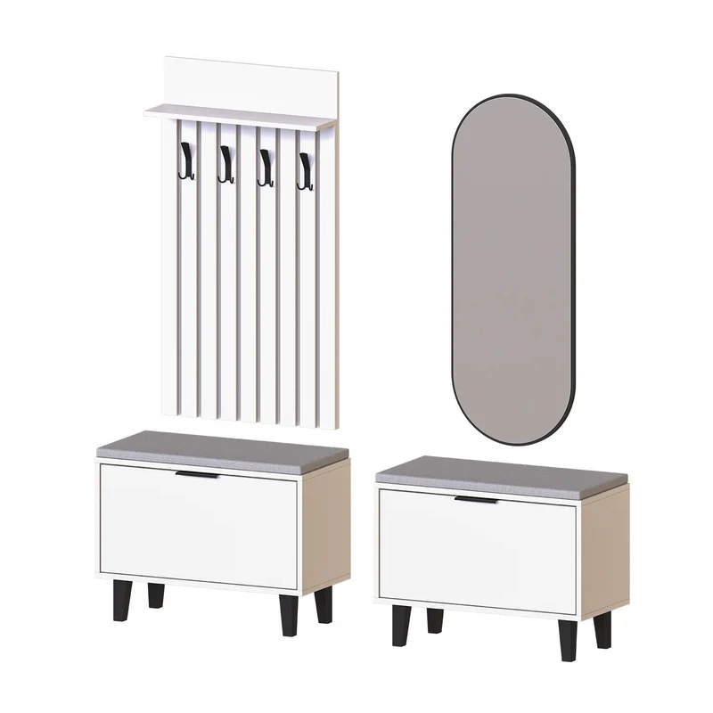 Roomart 4-delige garderobeset NORD, met 2 zitbanken met schoenenklep, garderobepaneel 130 cm en ovale spiegel, in 2 kleuren