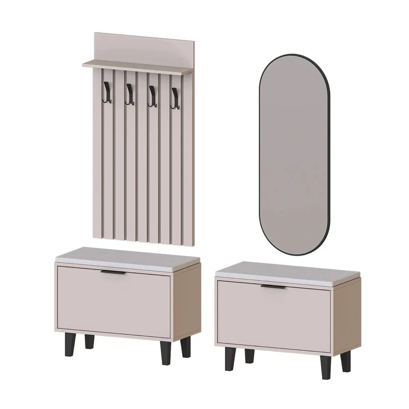 Roomart 4-delige garderobeset NORD, met 2 zitbanken met schoenenklep, garderobepaneel 130 cm en ovale spiegel, in 2 kleuren