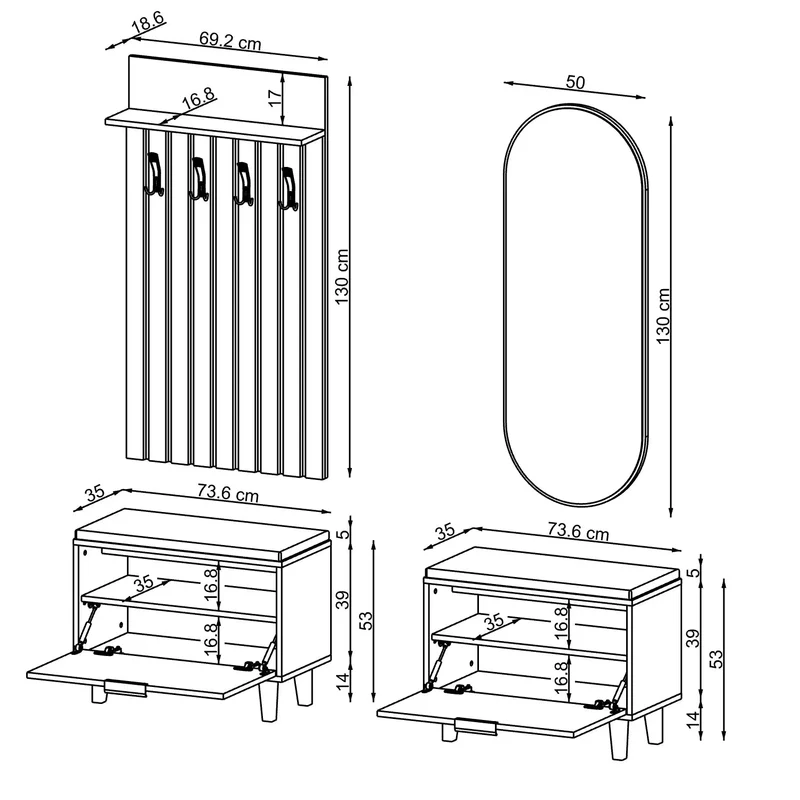 Roomart 4-delige garderobeset NORD, met 2 zitbanken met schoenenklep, garderobepaneel 130 cm en ovale spiegel, in 2 kleuren