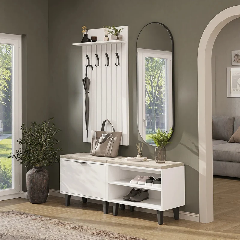 Roomart 4-delige garderobeset NORD, met 2 zitbanken (open en met schoenenklep), garderobepaneel 130 cm en ovale spiegel, in 2 kleuren