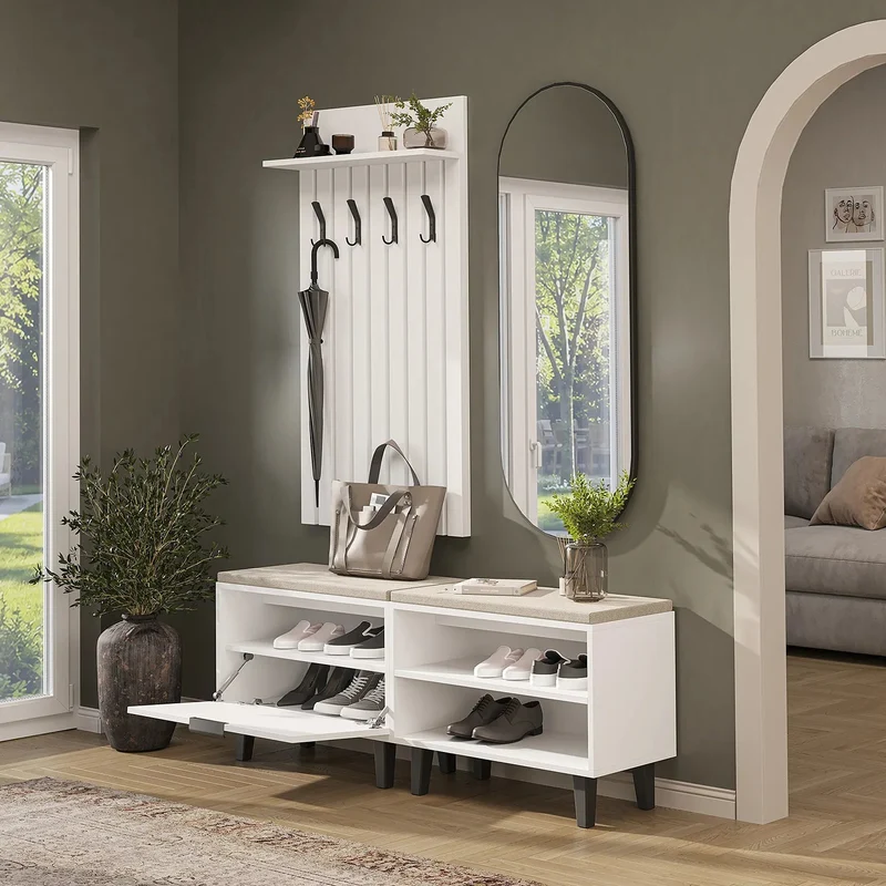 Roomart 4-delige garderobeset NORD, met 2 zitbanken (open en met schoenenklep), garderobepaneel 130 cm en ovale spiegel, in 2 kleuren