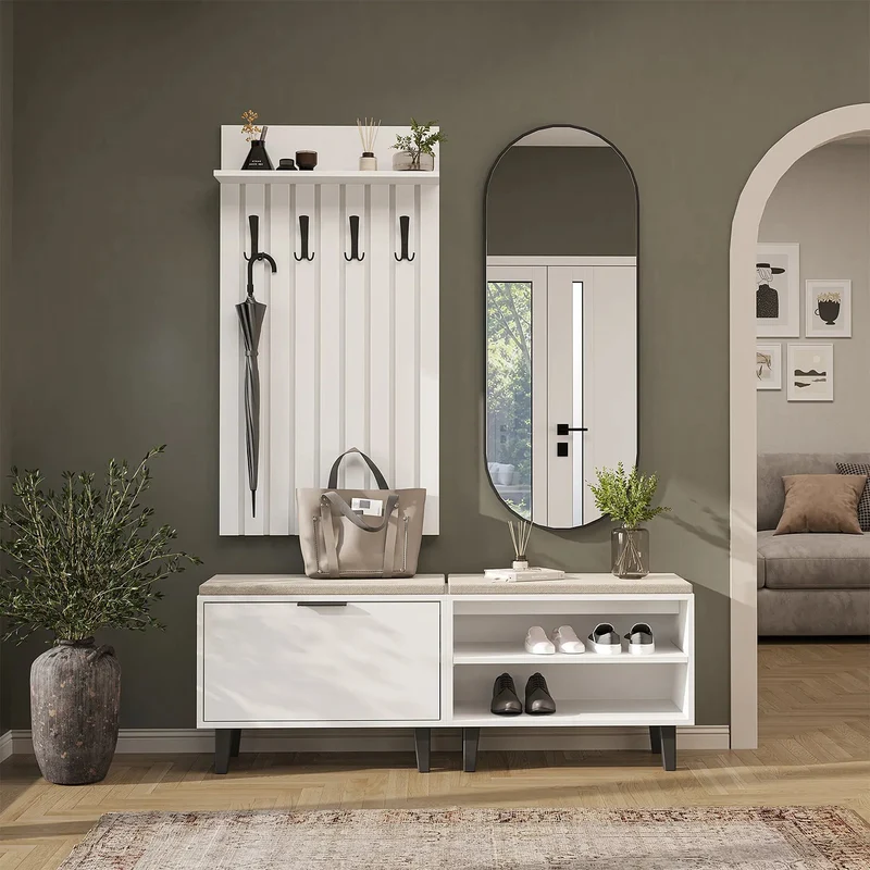 Roomart 4-delige garderobeset NORD, met 2 zitbanken (open en met schoenenklep), garderobepaneel 130 cm en ovale spiegel, in 2 kleuren