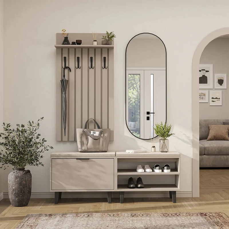 Roomart 4-delige garderobeset NORD, met 2 zitbanken (open en met schoenenklep), garderobepaneel 130 cm en ovale spiegel, in 2 kleuren