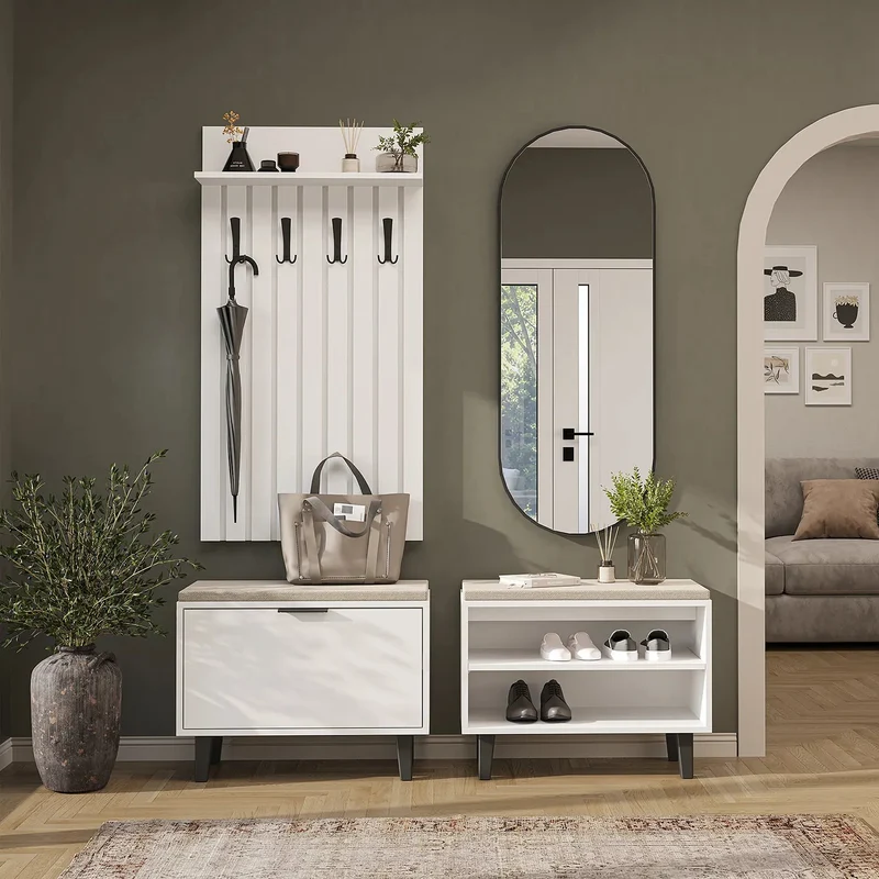 Roomart 4-delige garderobeset NORD, met 2 zitbanken (open en met schoenenklep), garderobepaneel 130 cm en ovale spiegel, in 2 kleuren