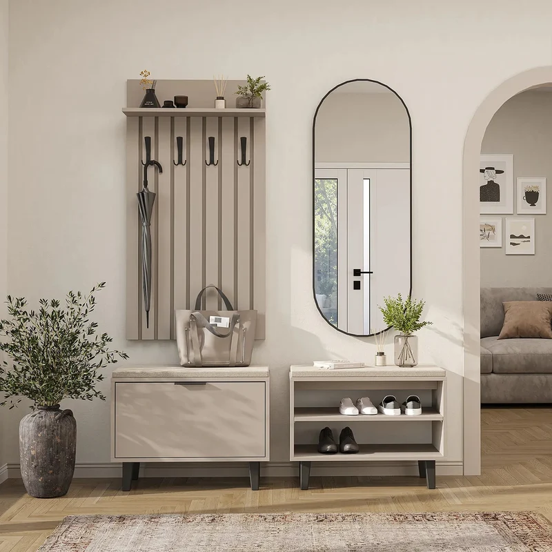 Roomart 4-delige garderobeset NORD, met 2 zitbanken (open en met schoenenklep), garderobepaneel 130 cm en ovale spiegel, in 2 kleuren