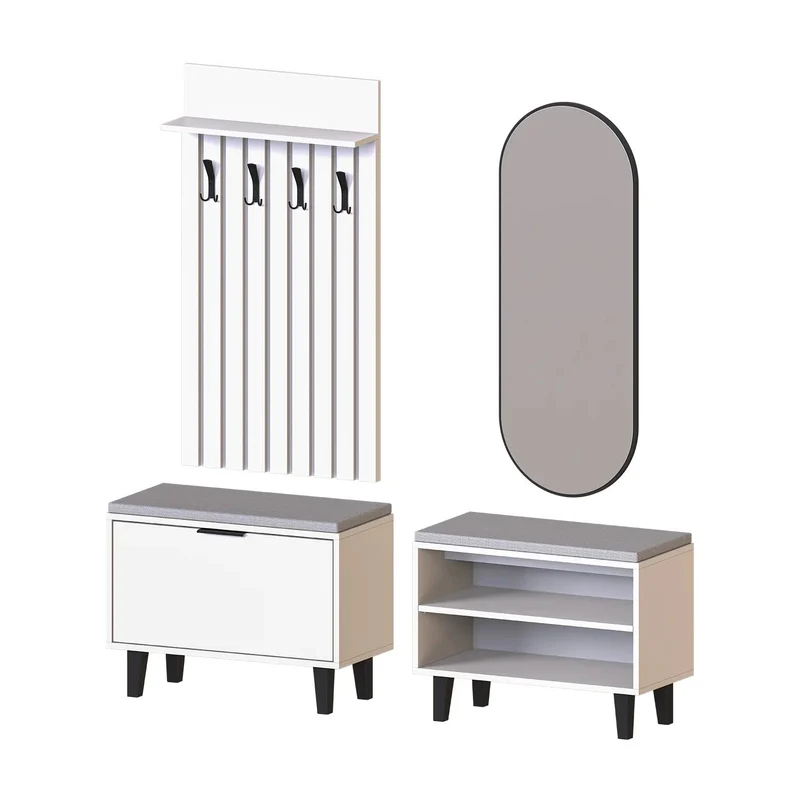 Roomart 4-delige garderobeset NORD, met 2 zitbanken (open en met schoenenklep), garderobepaneel 130 cm en ovale spiegel, in 2 kleuren