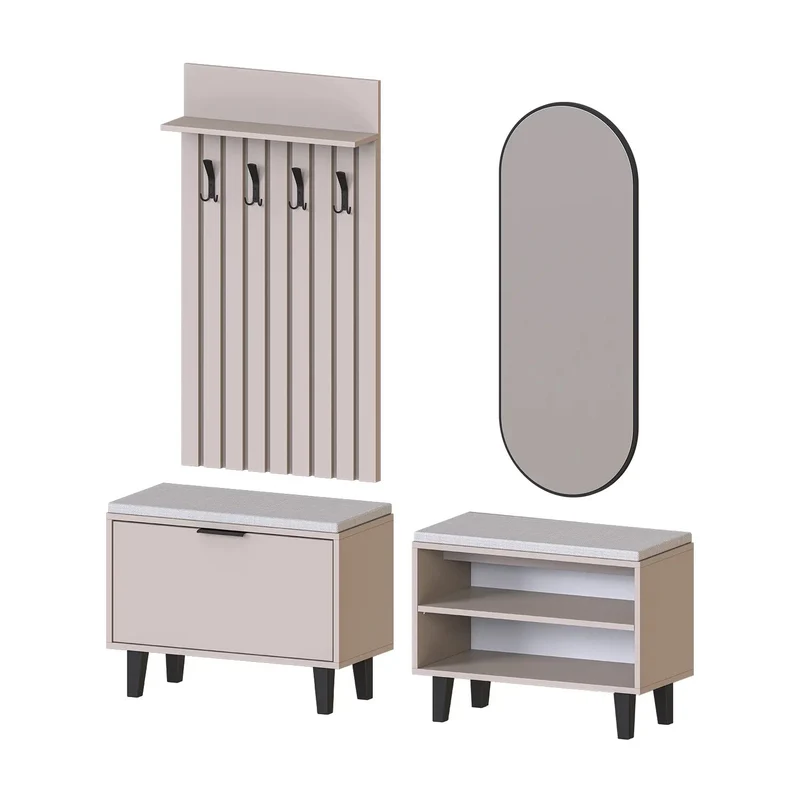Roomart 4-delige garderobeset NORD, met 2 zitbanken (open en met schoenenklep), garderobepaneel 130 cm en ovale spiegel, in 2 kleuren