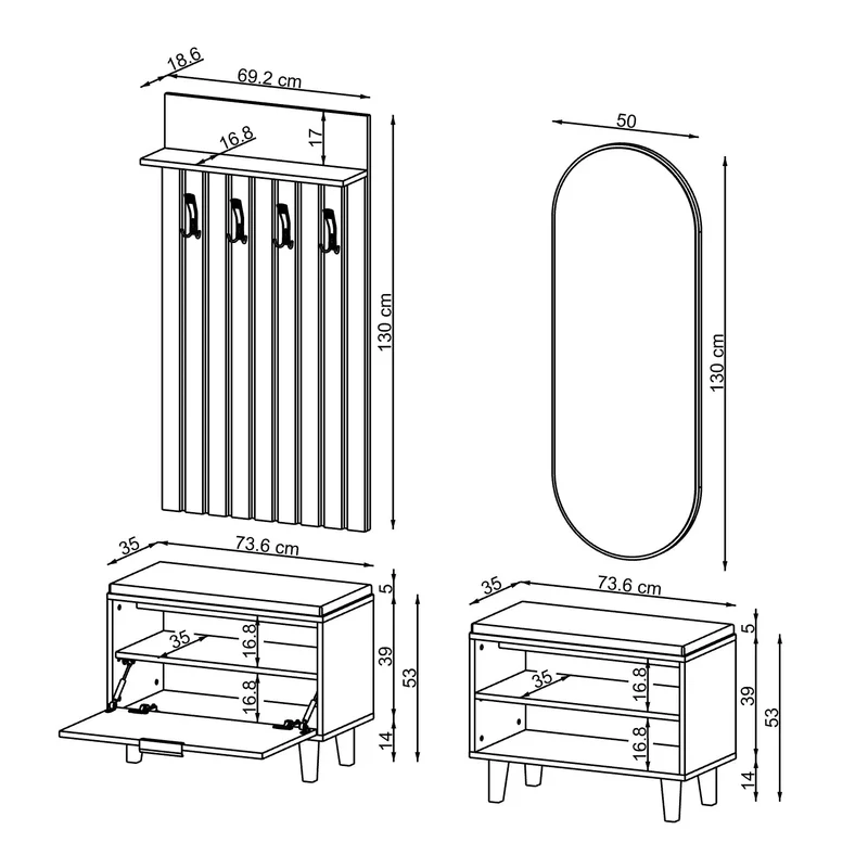 Roomart 4-delige garderobeset NORD, met 2 zitbanken (open en met schoenenklep), garderobepaneel 130 cm en ovale spiegel, in 2 kleuren