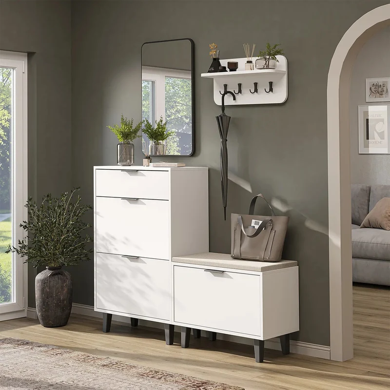 Roomart 4-teiliges Garderobenset NORD, mit Schuhschrank, Sitzbank mit Schuhklappe, Wandgarderobe und Spiegel, in 2 Farben