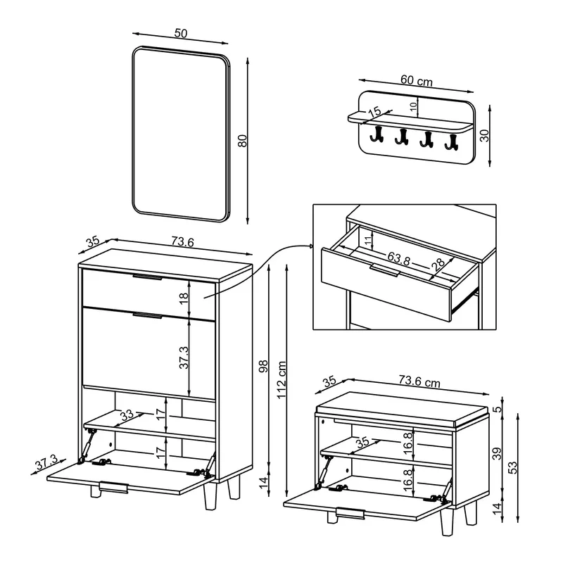Roomart 4-teiliges Garderobenset NORD, mit Schuhschrank, Sitzbank mit Schuhklappe, Wandgarderobe und Spiegel, in 2 Farben
