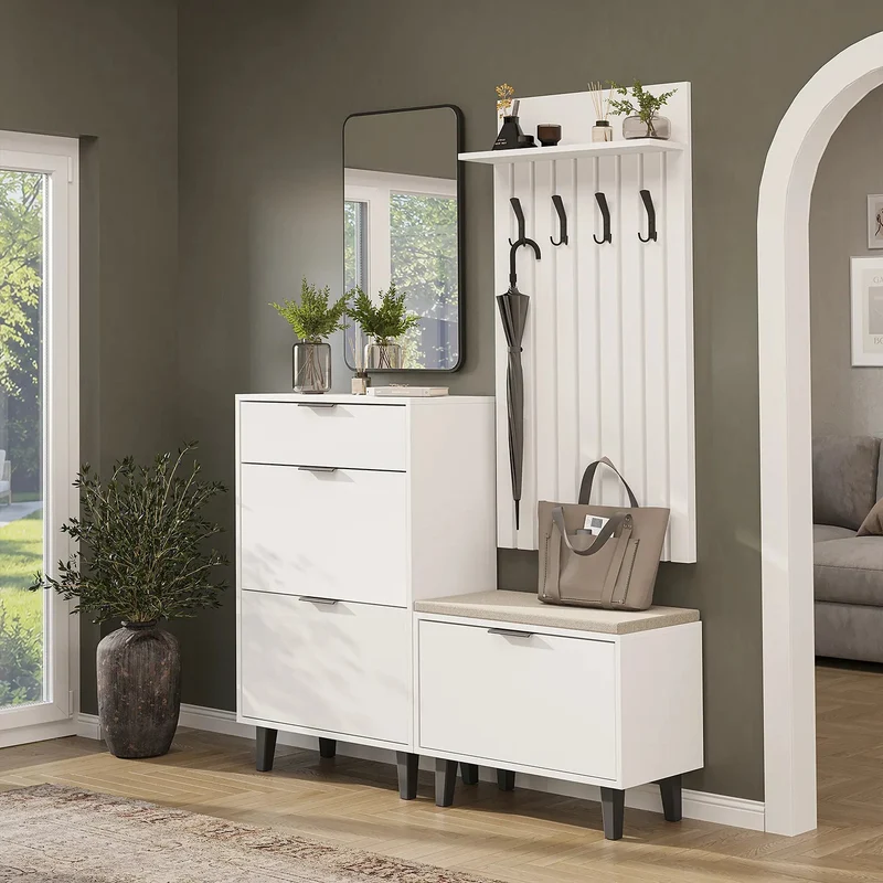 Roomart 4-delige garderobeset NORD, met schoenenkast, zitbank met schoenenklep, garderobepaneel 130 cm en spiegel, in 2 kleuren