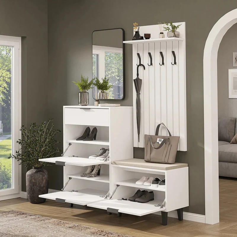 Roomart 4-delige garderobeset NORD, met schoenenkast, zitbank met schoenenklep, garderobepaneel 130 cm en spiegel, in 2 kleuren