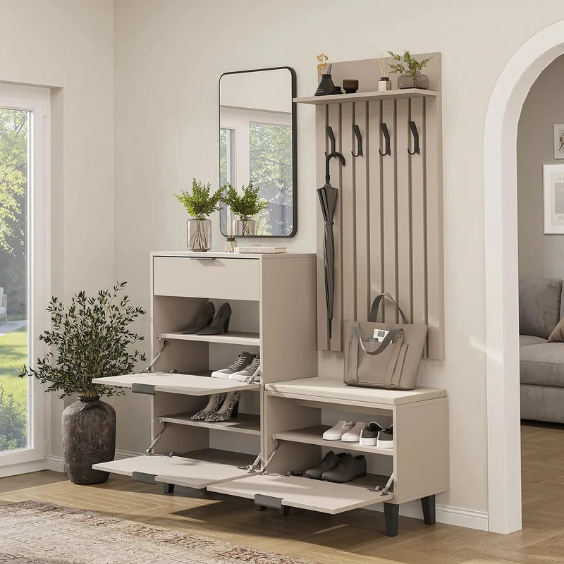 Roomart 4-delige garderobeset NORD, met schoenenkast, zitbank met schoenenklep, garderobepaneel 130 cm en spiegel, in 2 kleuren