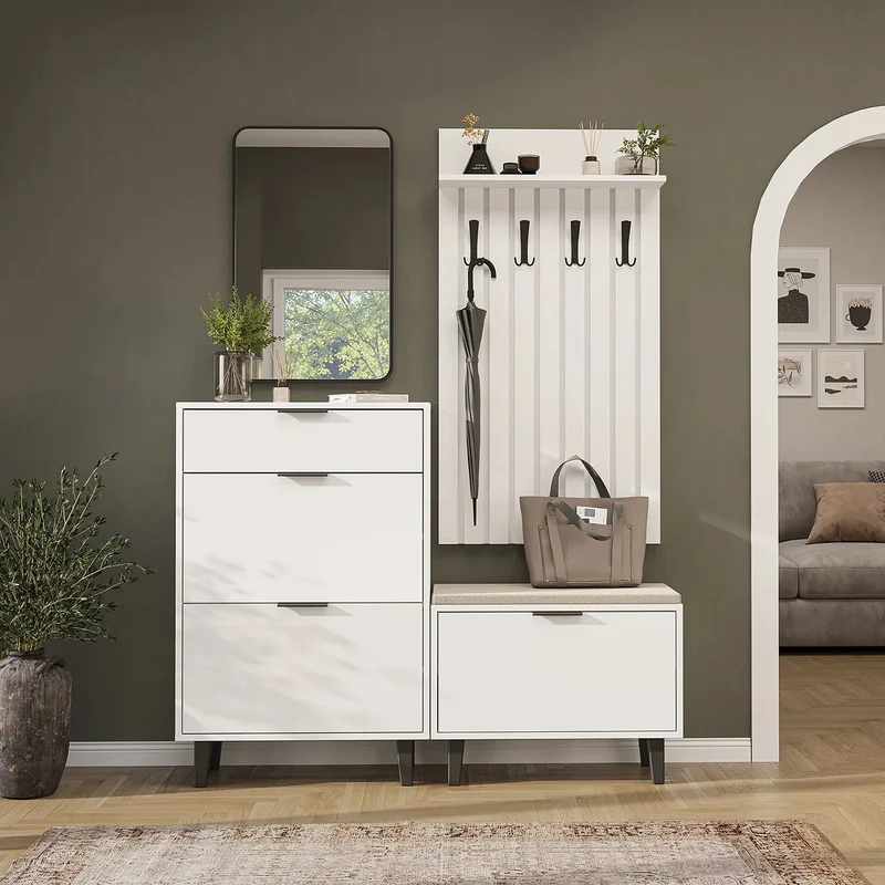 Roomart 4-delige garderobeset NORD, met schoenenkast, zitbank met schoenenklep, garderobepaneel 130 cm en spiegel, in 2 kleuren
