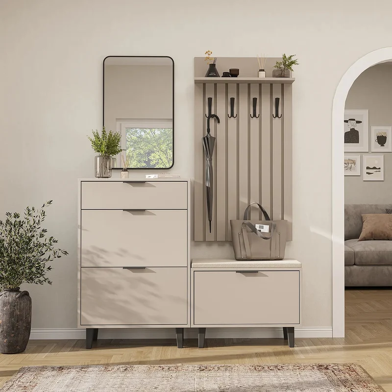 Roomart 4-delige garderobeset NORD, met schoenenkast, zitbank met schoenenklep, garderobepaneel 130 cm en spiegel, in 2 kleuren