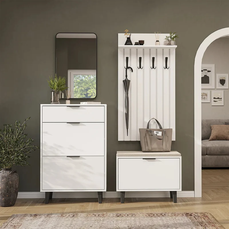 Roomart 4-delige garderobeset NORD, met schoenenkast, zitbank met schoenenklep, garderobepaneel 130 cm en spiegel, in 2 kleuren