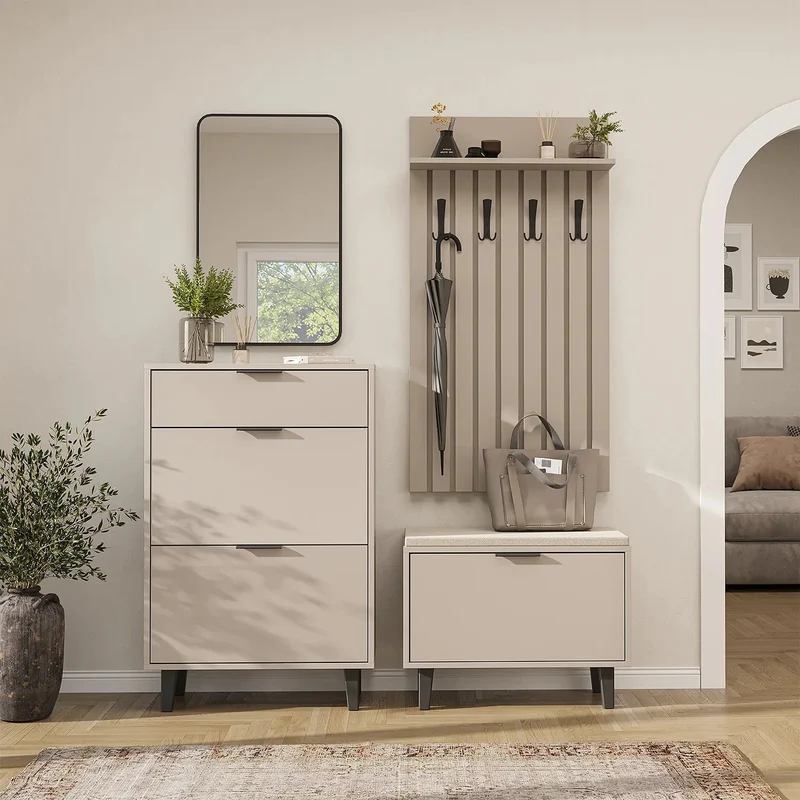 Roomart 4-delige garderobeset NORD, met schoenenkast, zitbank met schoenenklep, garderobepaneel 130 cm en spiegel, in 2 kleuren