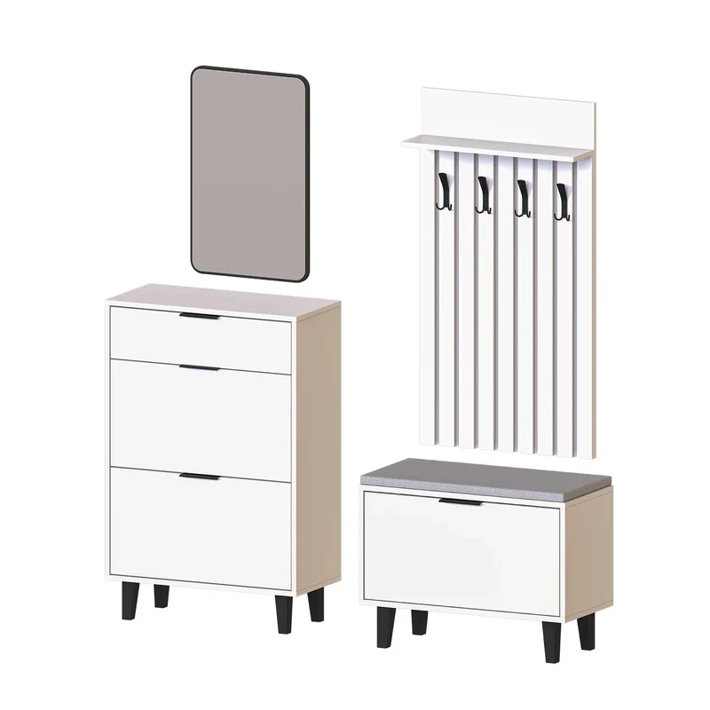 Roomart 4-delige garderobeset NORD, met schoenenkast, zitbank met schoenenklep, garderobepaneel 130 cm en spiegel, in 2 kleuren