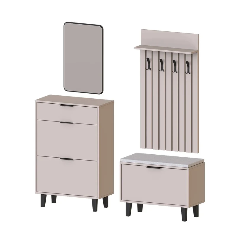 Roomart 4-delige garderobeset NORD, met schoenenkast, zitbank met schoenenklep, garderobepaneel 130 cm en spiegel, in 2 kleuren