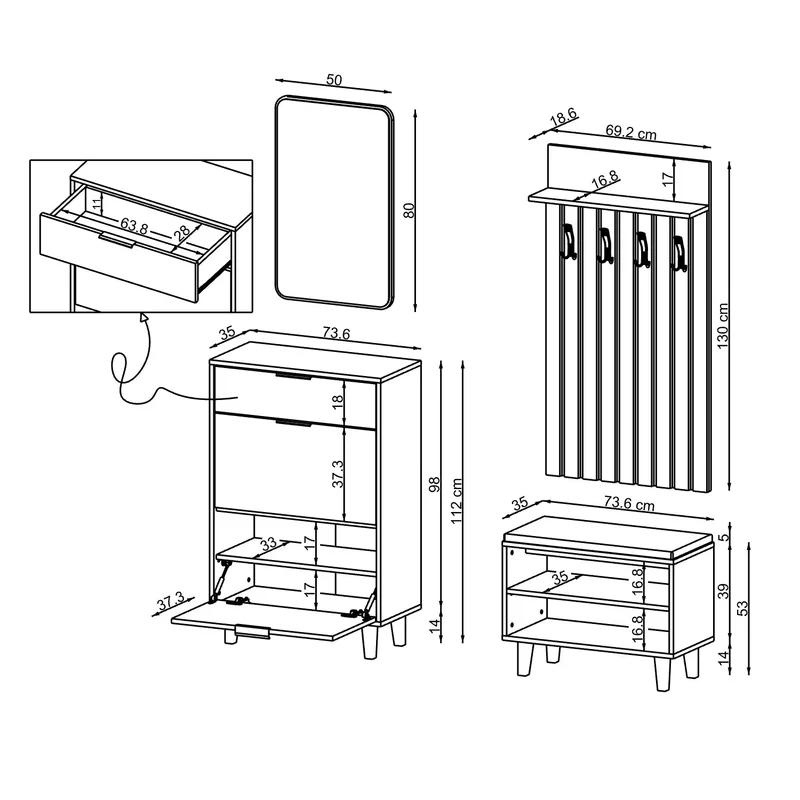 Roomart 4-delige garderobeset NORD, met schoenenkast, zitbank met schoenenklep, garderobepaneel 130 cm en spiegel, in 2 kleuren