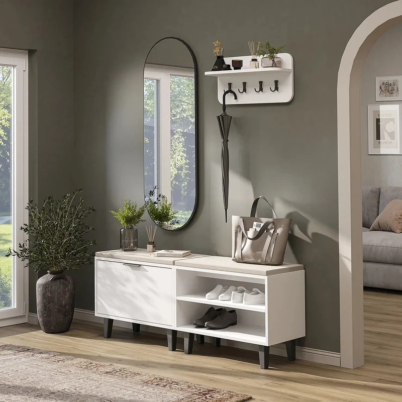 Roomart 4-delige garderobeset NORD, met 2 zitbanken (open en met schoenklep), wandgarderobe en ovale spiegel, in 2 kleuren